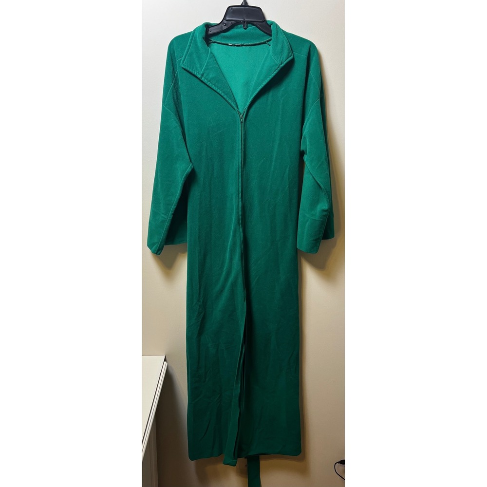 VTG Emerald Green Zip Front‎ Maxi Robe Belted Long Sleeve Nap Loungewear